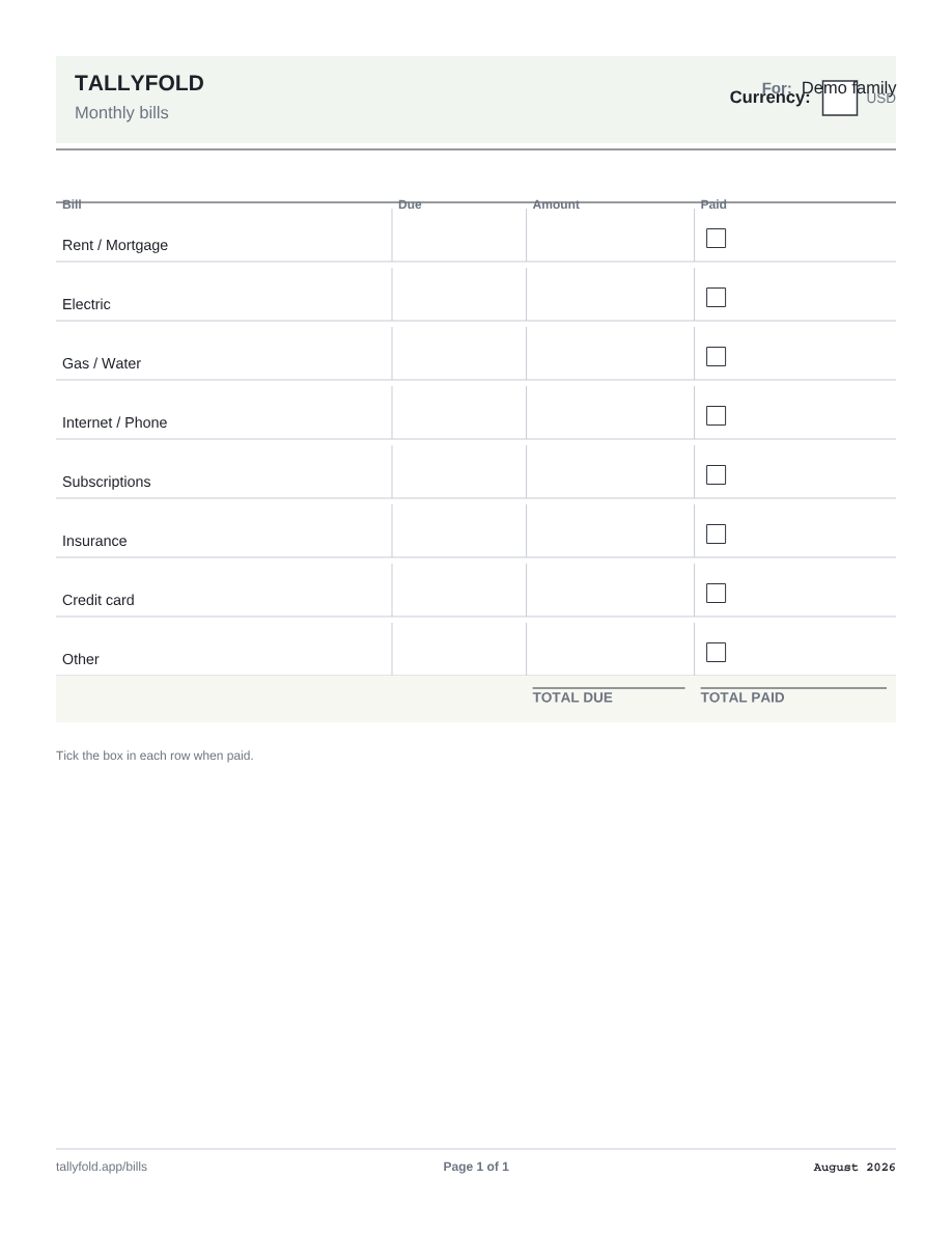 Bill Tracker printable page preview