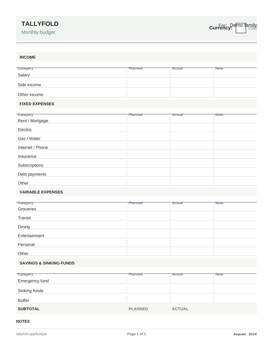 Budget Tracker printable page preview