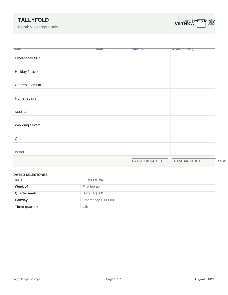Savings Tracker printable page preview